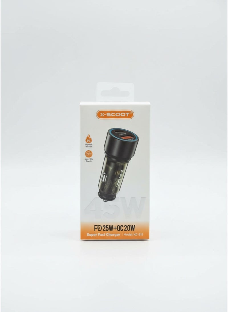 X-SCOOT 45W Super Fast Car Charger PD 25W + QC 20W Dual Port, Compact USB-C & USB-A Adapter – Model XC-311 - Image 2